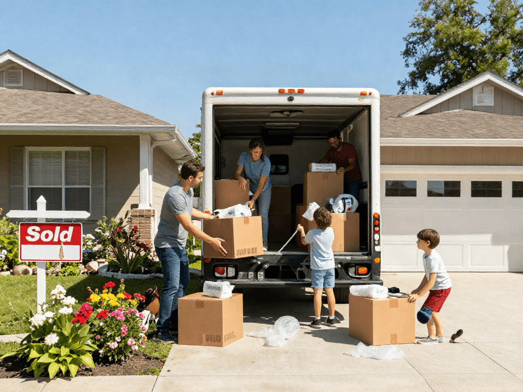 Family loading boxes into a moving company truck, packing for a new home.