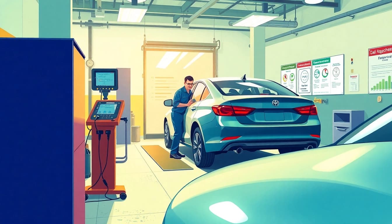 Performing a California Smog Check with a mechanic inspecting vehicle emissions in a bright facility.
