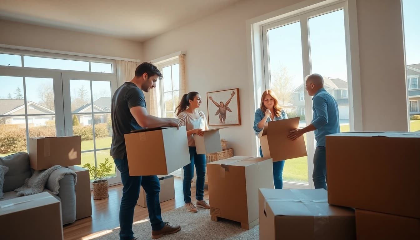 House removal companies assisting a family in a bright living room.