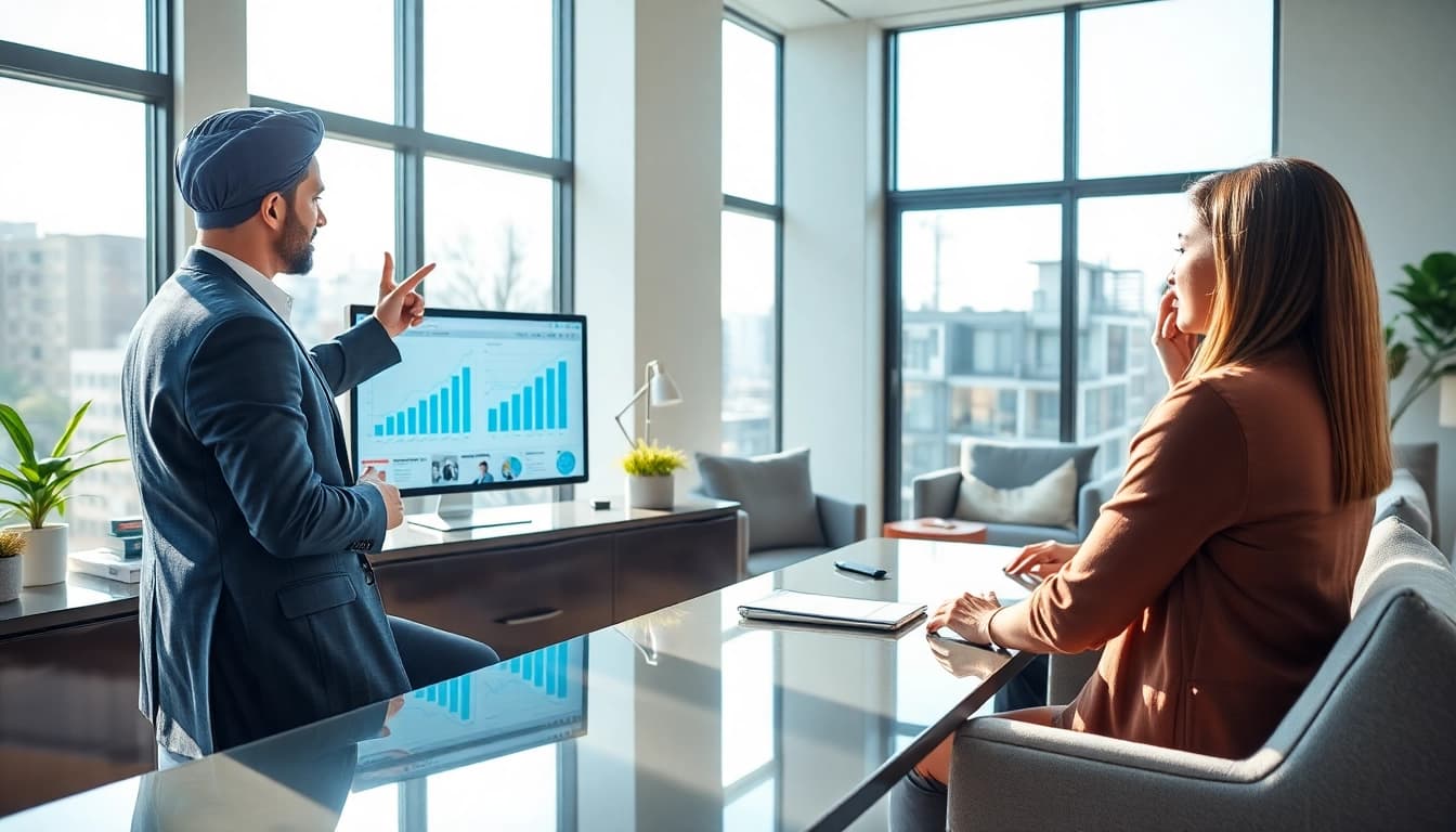 Real Estate agent explaining market data to clients in a bright, professional office setting.