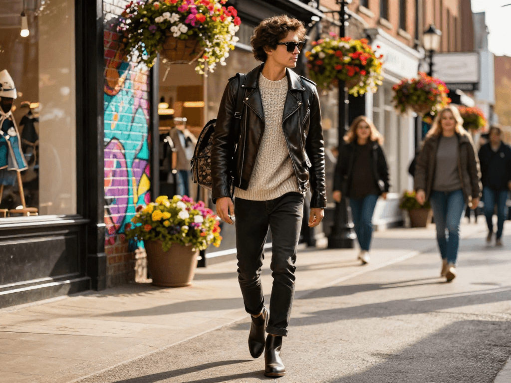 Stylish individual wearing leather jackets in urban street setting