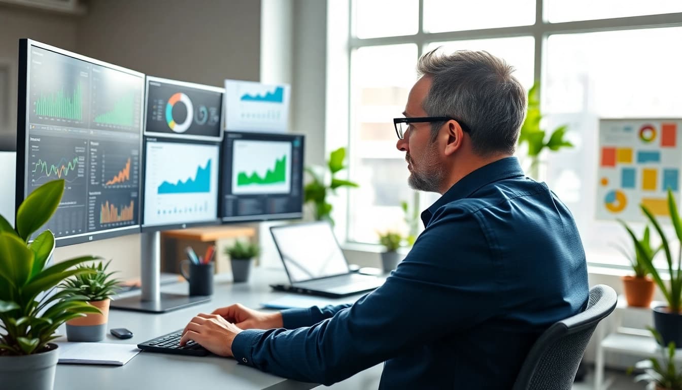 SEO expert analyzing digital metrics in a modern workspace, showcasing analytics and growth.