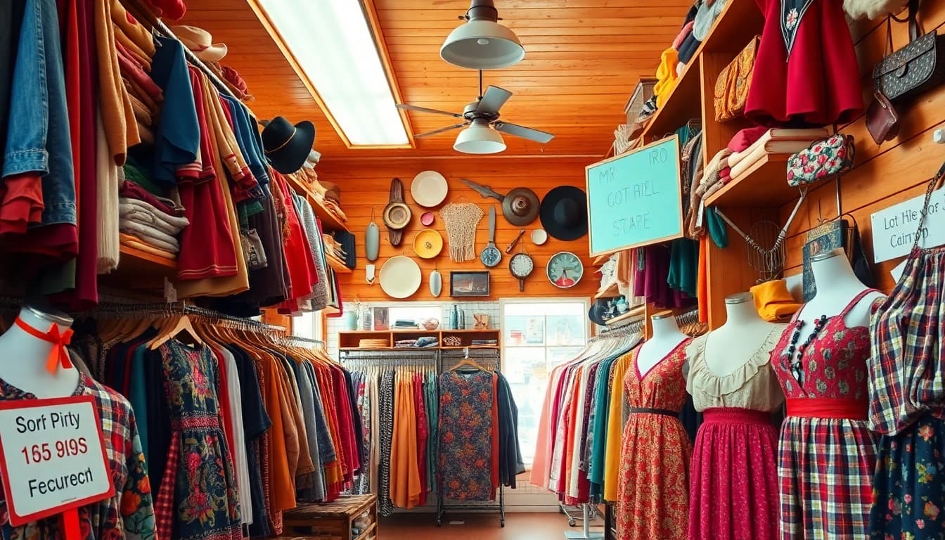 Browse unique vintage clothing at https://thrift-vintage.com/, showcasing a vibrant thrift shopping atmosphere.