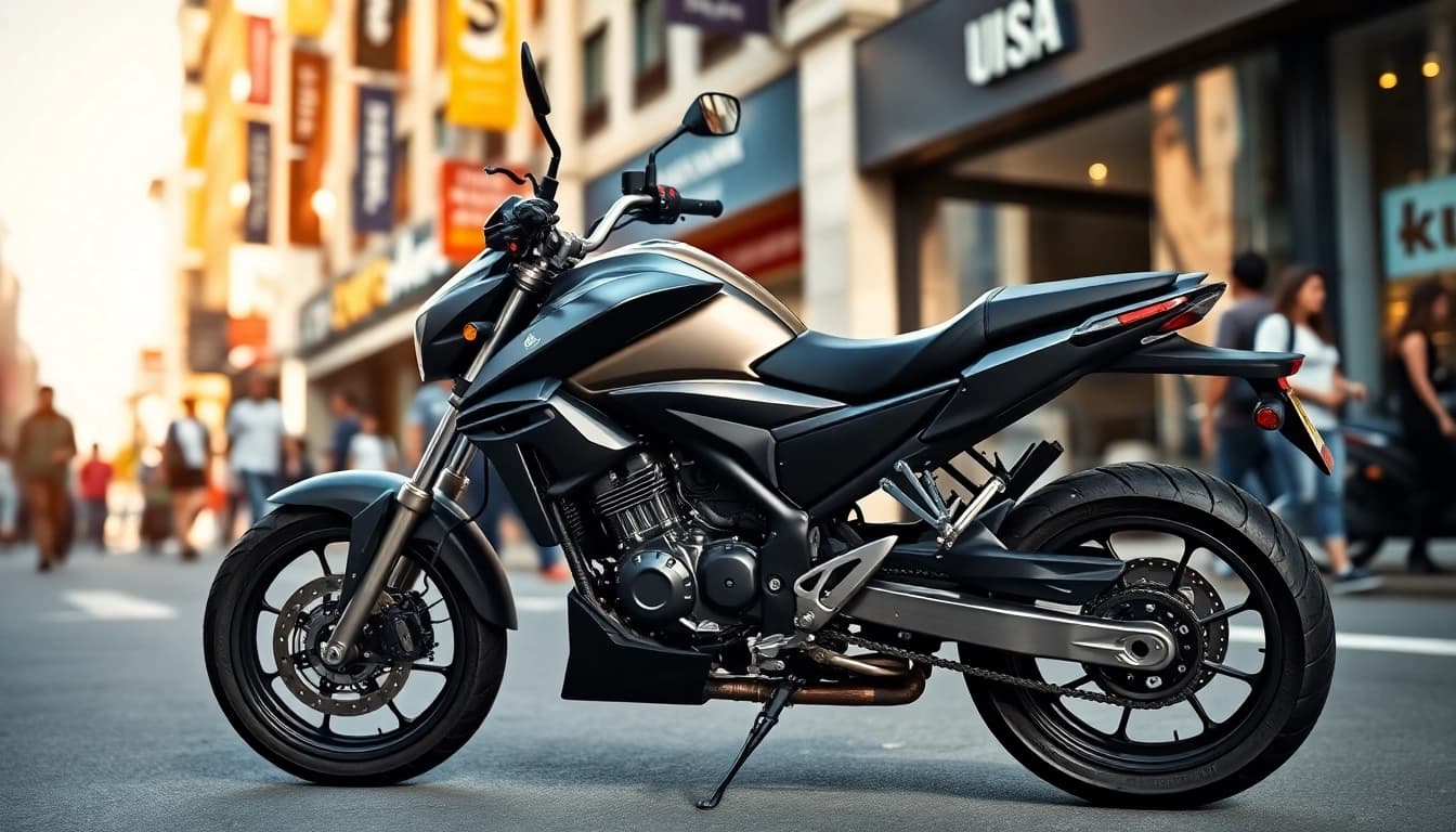 Showcasing affordable street legal motorcycles on a busy city street with vibrant storefronts.