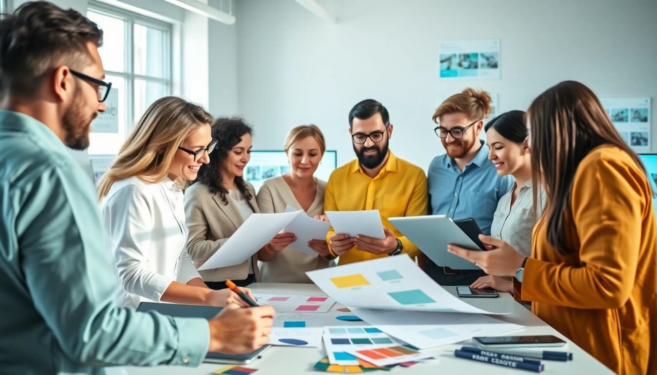 Showcasing edmonton web design, a web design team collaborates in a bright office.