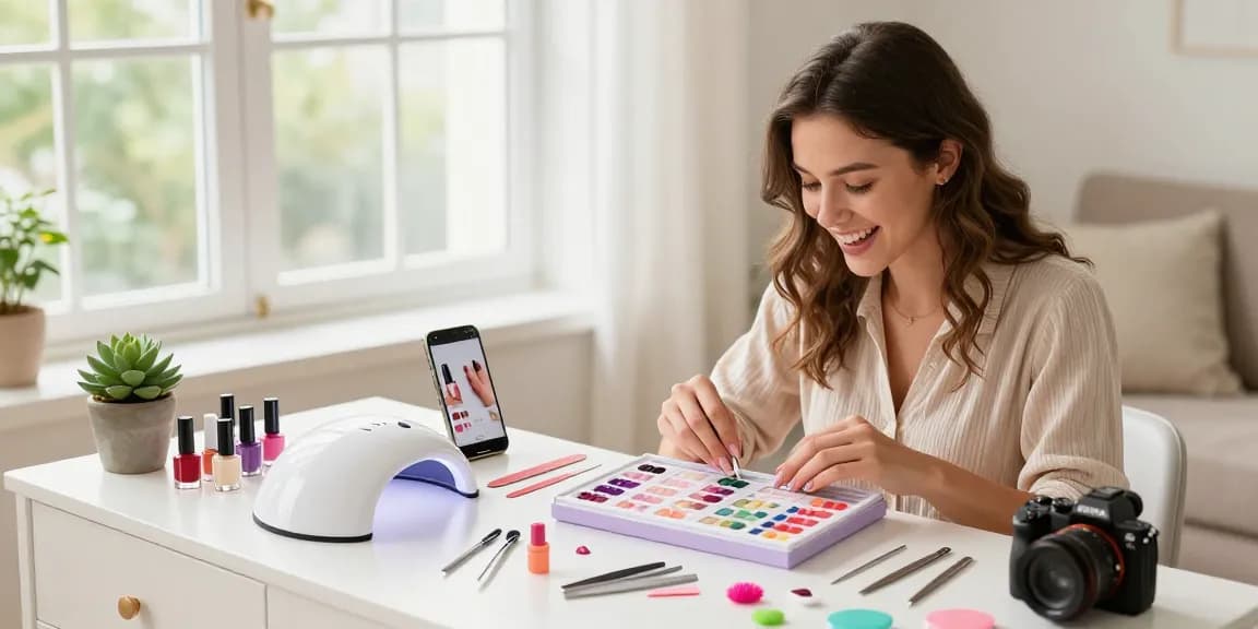 Îngrijirea unghiilor acasă cu un kit manichiura acasă ce include lacuri de unghii colorate, unelte pentru unghii și o aranjare vivace.