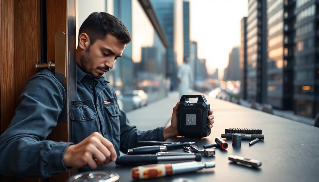 Skilled 24h locksmith repairing a lock in a city setting with high-tech tools.