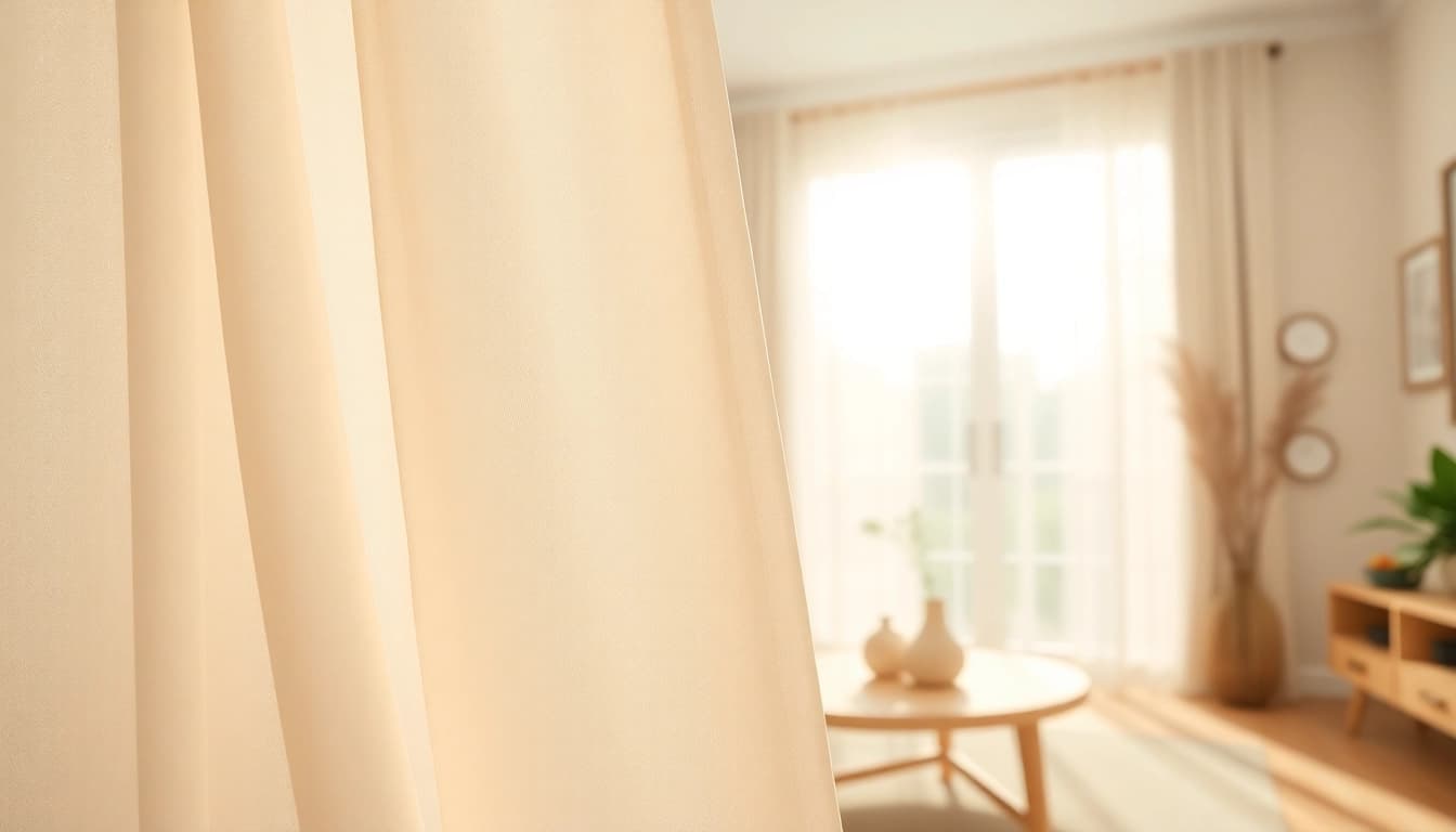 Een prachtig voorbeeld van voile stof in een sfeervolle woonkamer met zachte kleuren.