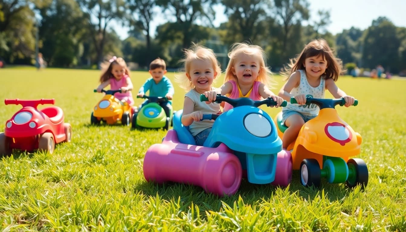 Children having fun with various ride on toys in a sunny park environment.
