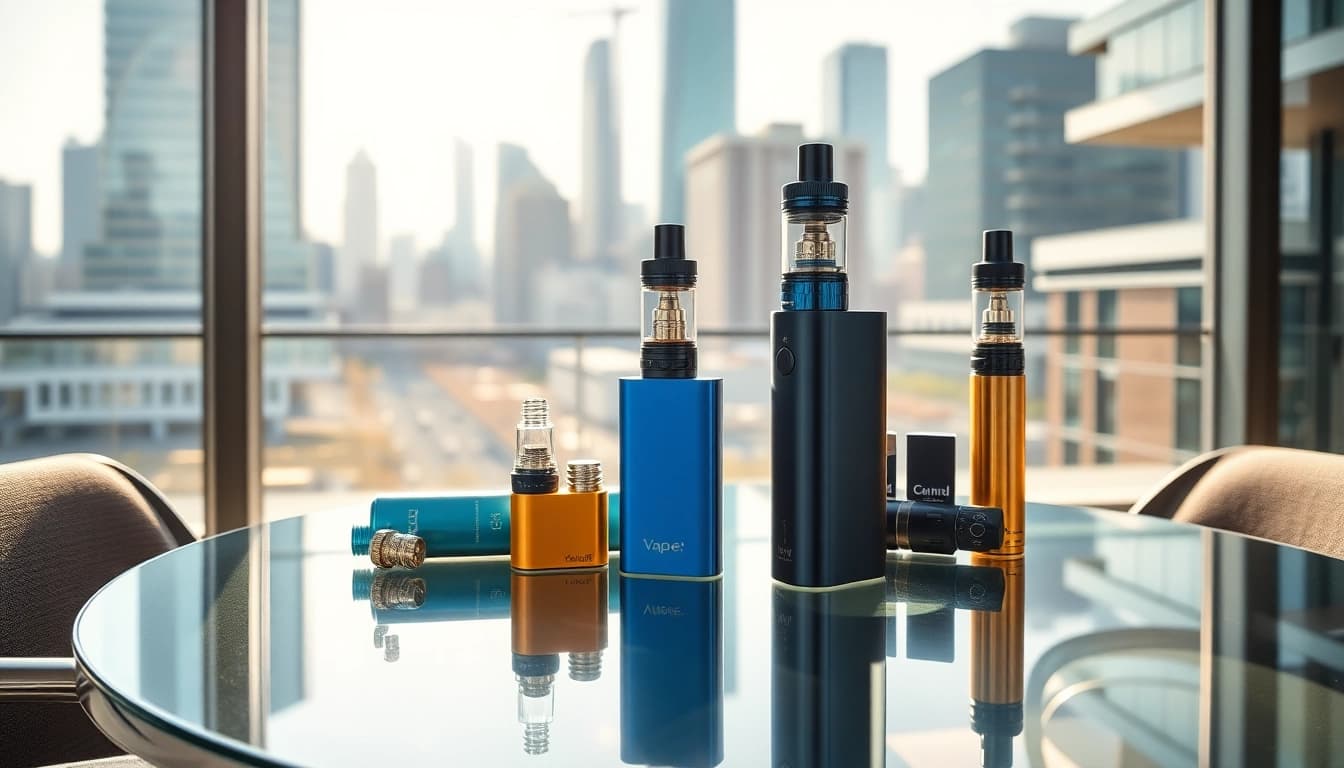 Vapes auf einem eleganten Tisch in einem urbanen Setting, das stilvolles Design zeigt.