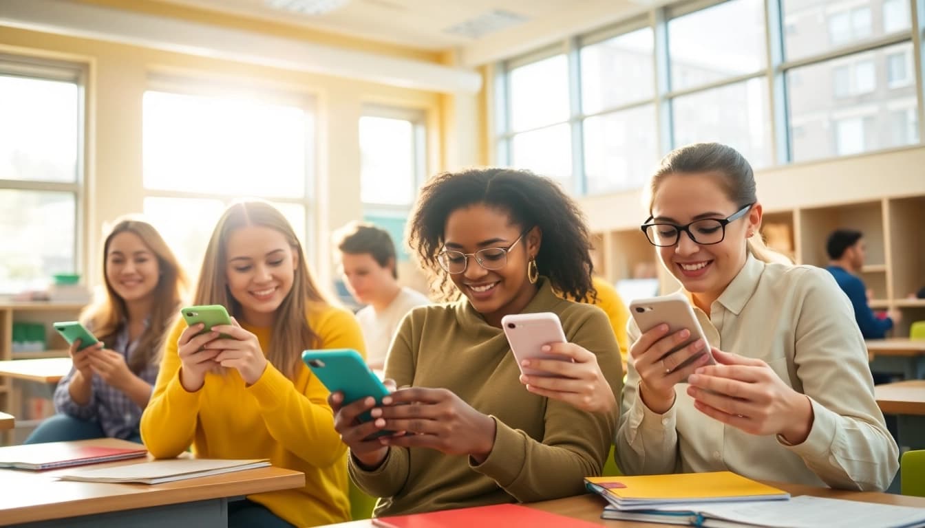 Utilizing a smartphone solution in school life with students collaborating in a bright classroom.