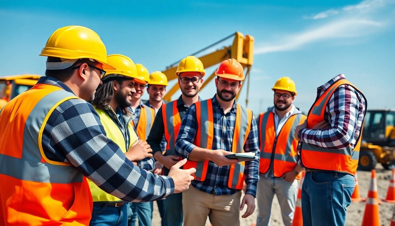 Workers participating in construction safety training with safety gear in a vibrant, engaging environment.