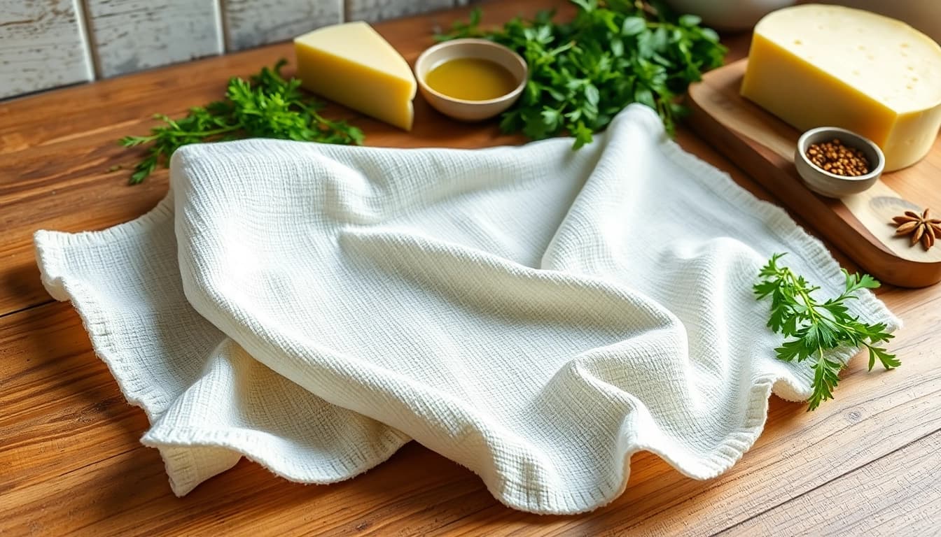 Kaasdoek op een houten aanrecht, vergezeld van kruiden en kaas, perfect voor elke keuken.
