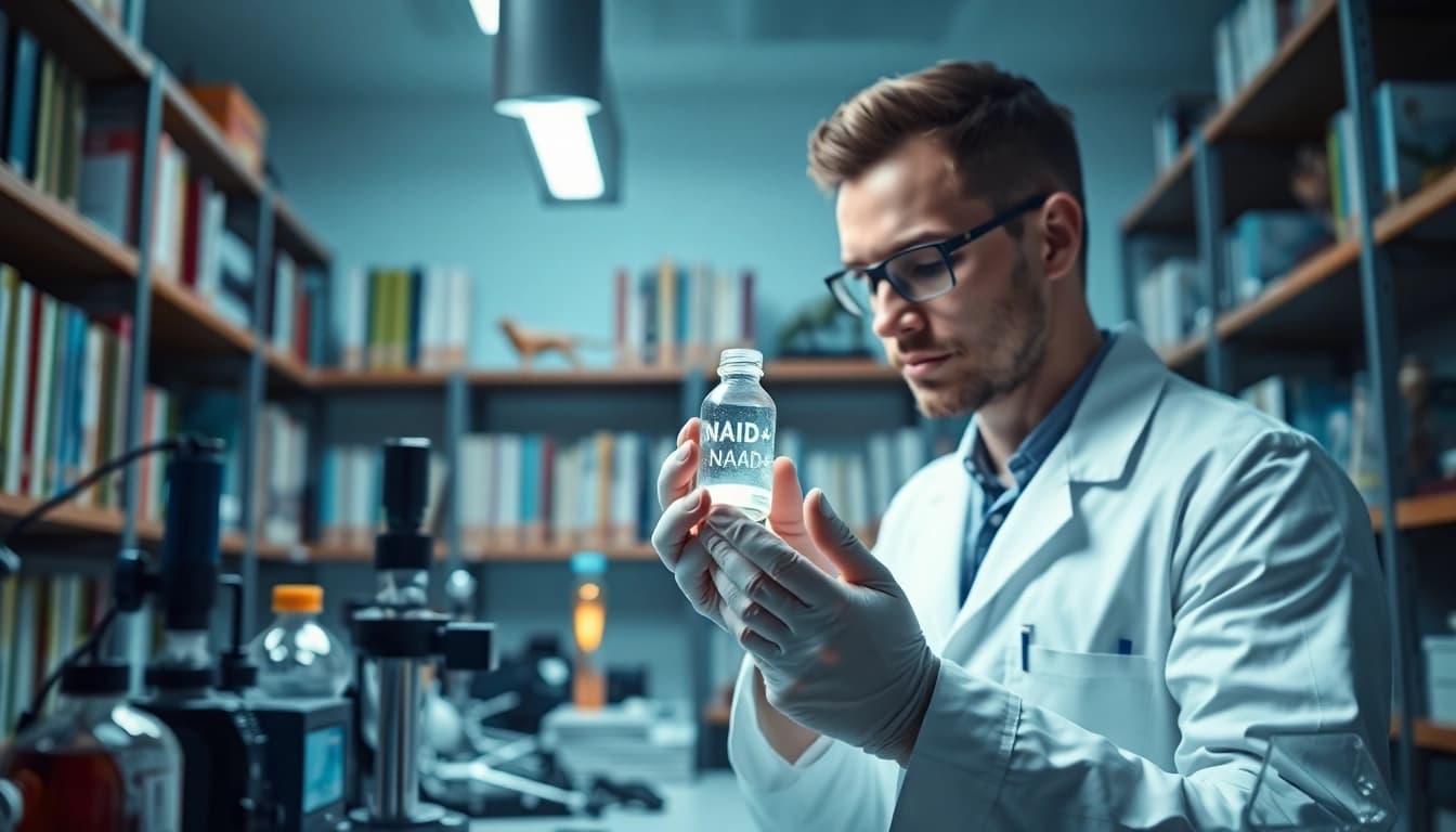 NAD+ analysis in a professional lab environment showcasing vibrant health and vitality.