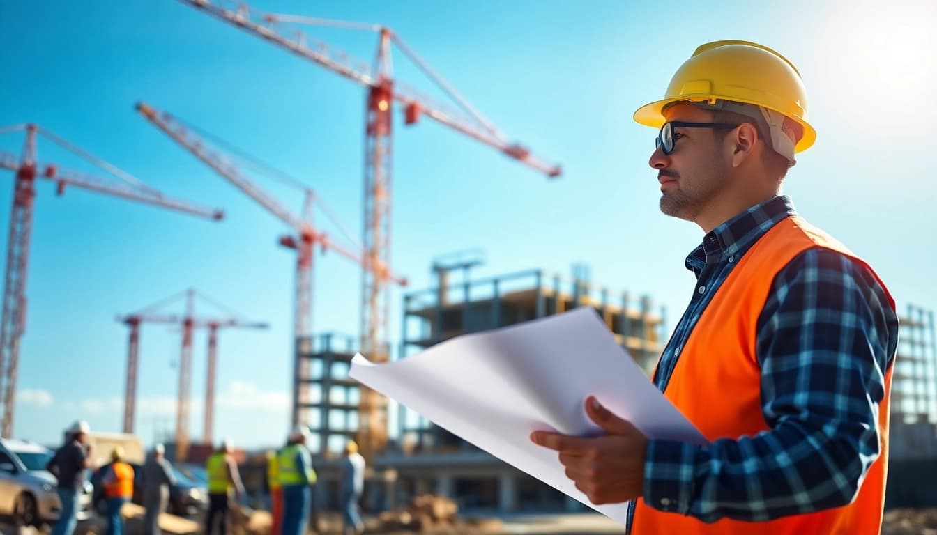 New Jersey Construction Manager leading vibrant project site with collaborative workers.