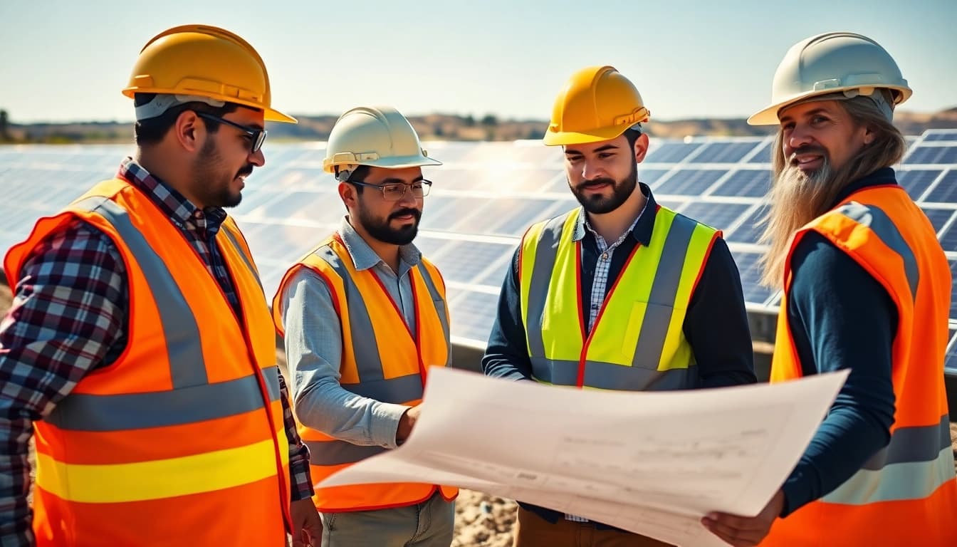 Collaborating technicians representing skilled labor for energy sector at a solar farm.