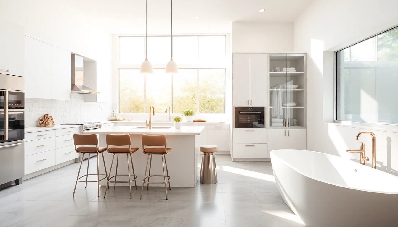 Showcase of a kitchen and bathroom remodel featuring modern design and sleek fixtures.