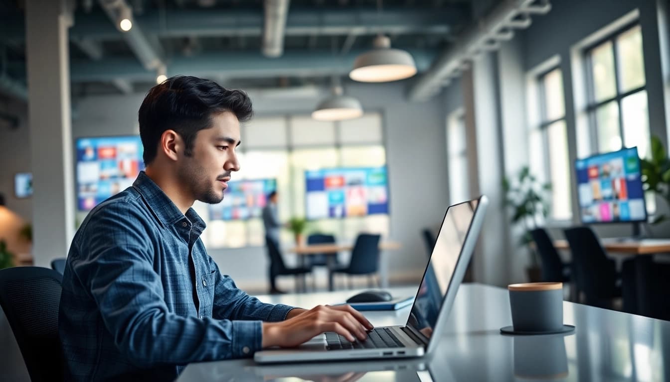 Marketer designing strategies for edmonton social media marketing in a modern office setting.