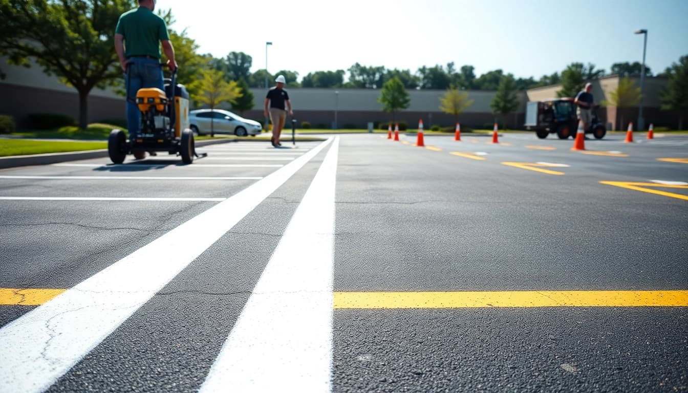 High-quality image of Parking lot striping Jackson MS showcasing professional striping in a well-maintained parking lot.