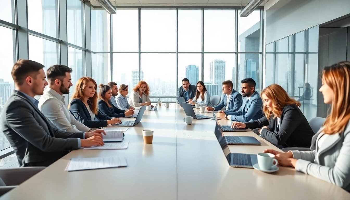 Business professionals collaborating in a modern office setting during a meeting.
