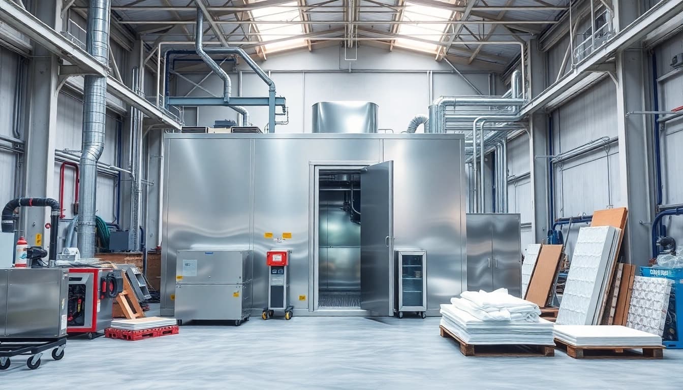 Cold room manufacturers UK showcasing innovative refrigeration systems in a spacious warehouse environment.