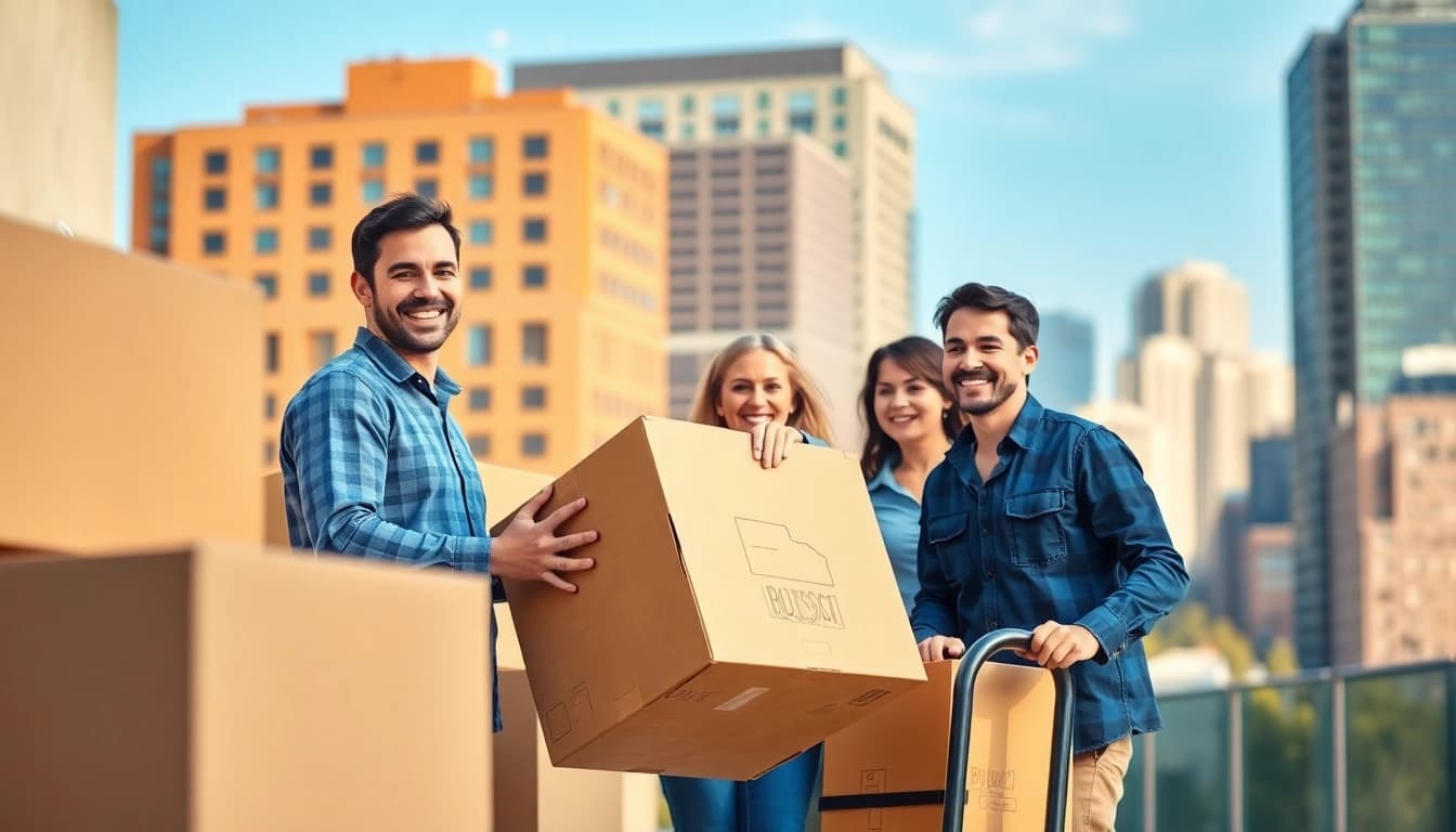 Efficient team handling boston local moves amidst packing supplies in an urban setting.