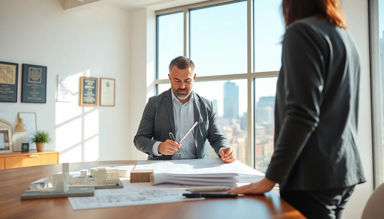 Architectural consultation Boston: Professional architect analyzing designs in a bright office.