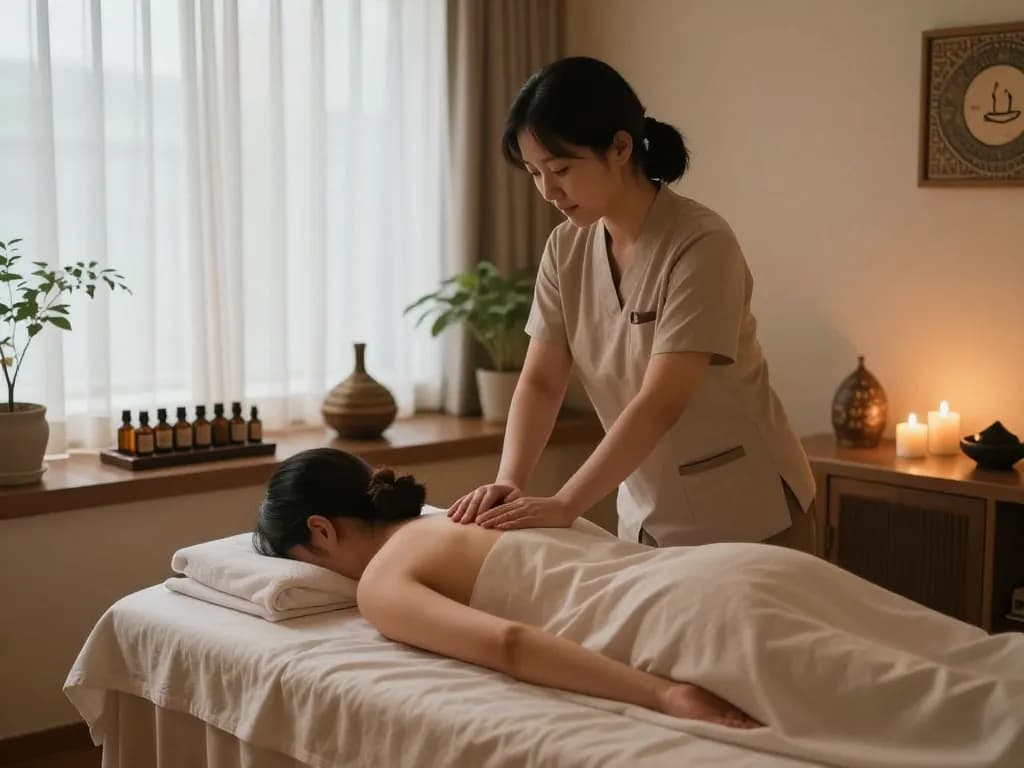 편안한 요소가 있는 고요한 스파 환경에서 논현동마사지를 선보이는 이완 마사지 치료 세션.