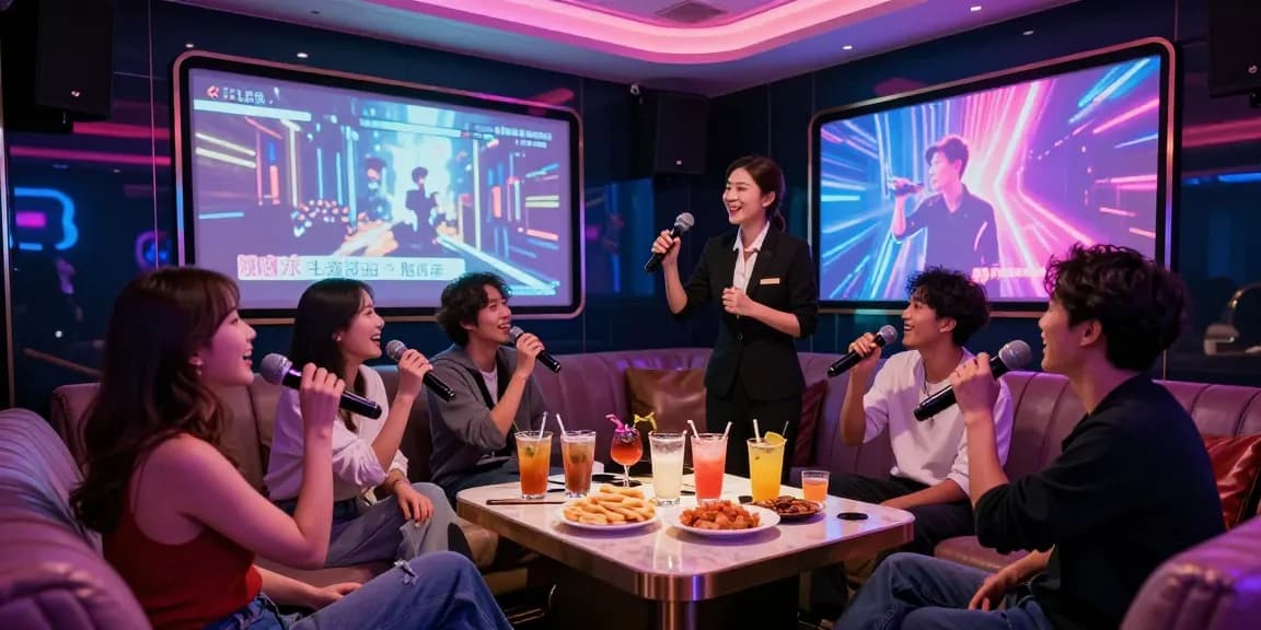 강남가라오케에서 즐거운 시간을 보내는 친구들 모습, gangnamtune.com/에서 제공하는 프라이빗 룸 분위기 강조