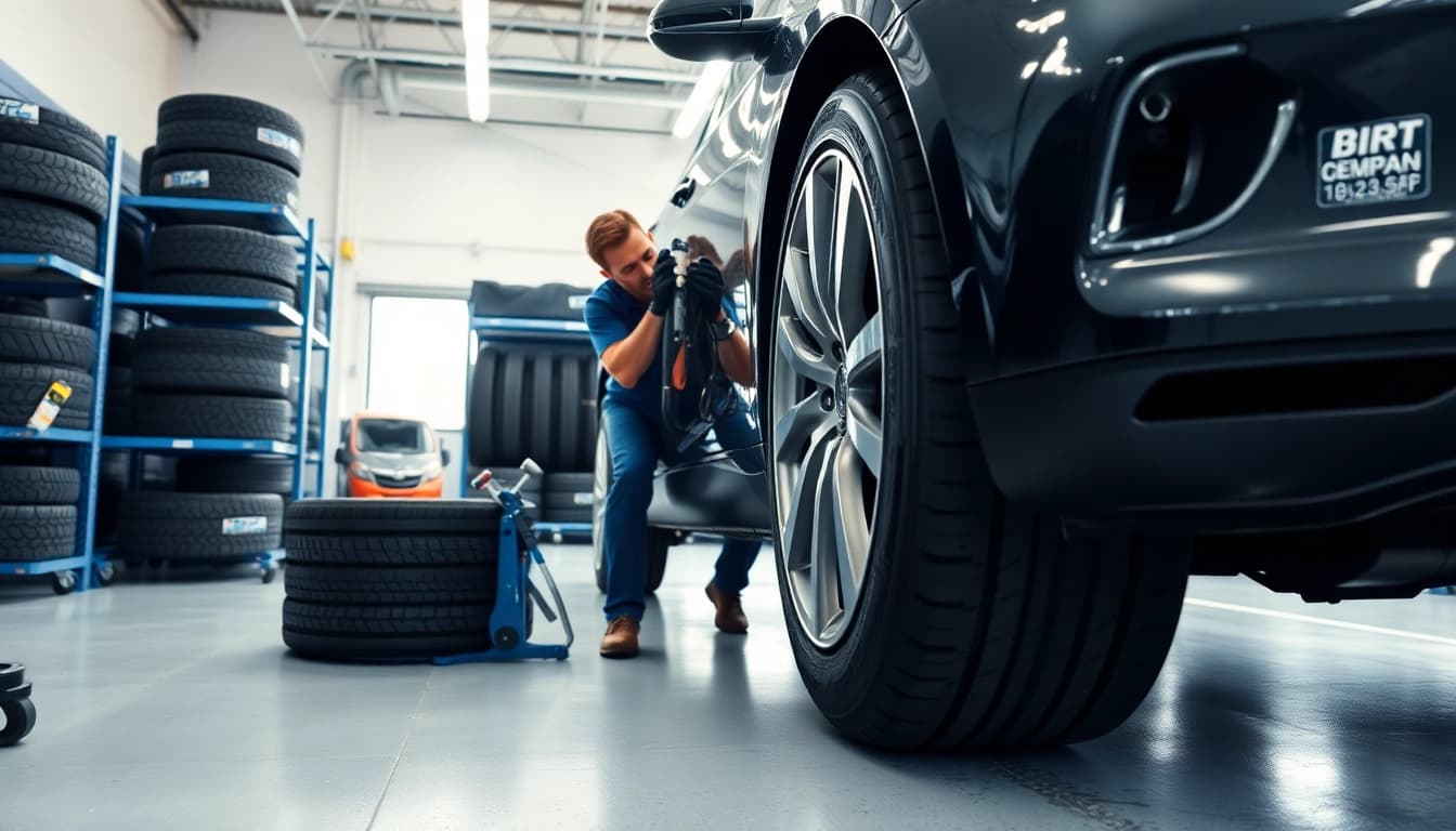 Tire installation Nashville by an expert technician in a professional garage setting.