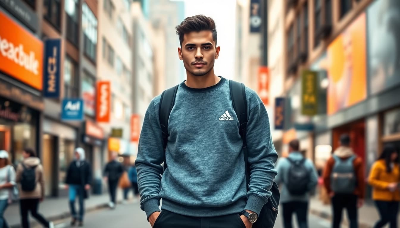 Model wearing crew neck sweatshirt in an urban setting, showcasing casual style.
