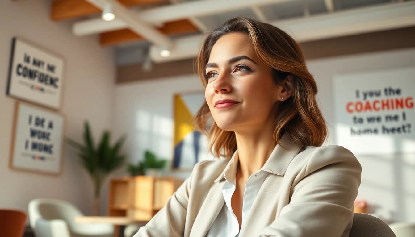Empowered woman reflecting on confidence coaching for women in a bright office setting.