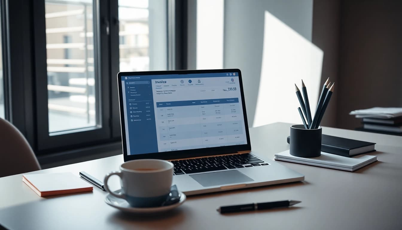 Optimize your workflow with invoice processing software shown on a sleek laptop in a bright office.