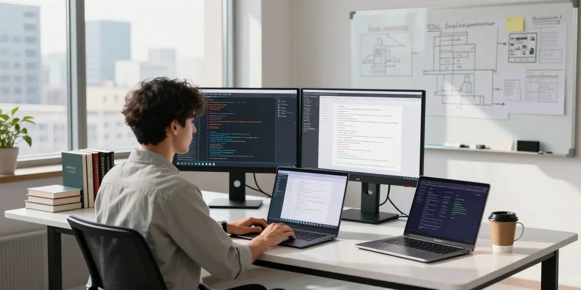 Developer working on 纸飞机下载 in a modern tech workspace with dual monitors and coding books.