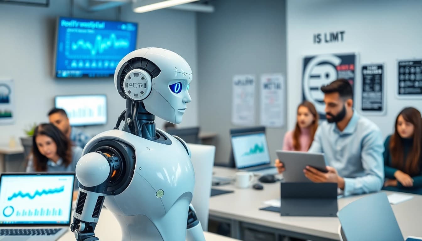 AI Employee collaborating with a team in a modern workplace setting.