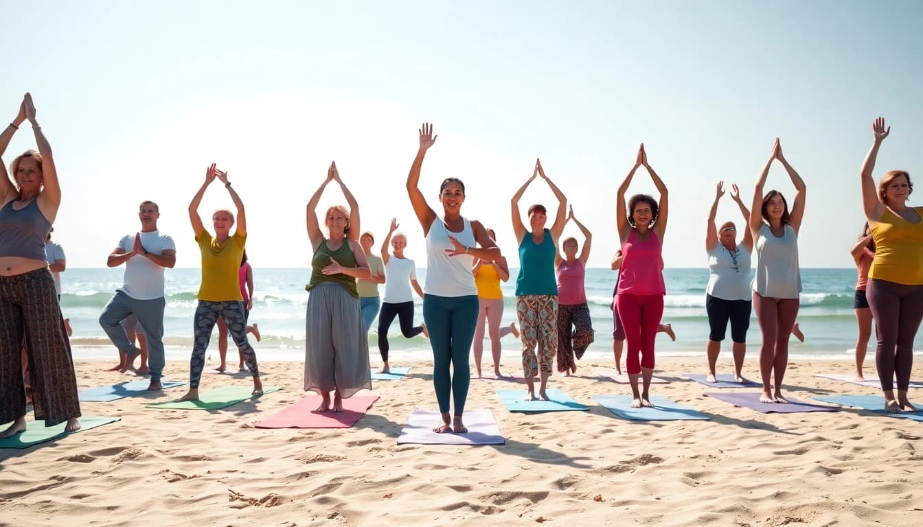 Engaged individuals practicing yoga on the beach, promoting wellness at https://healthyvix.com.