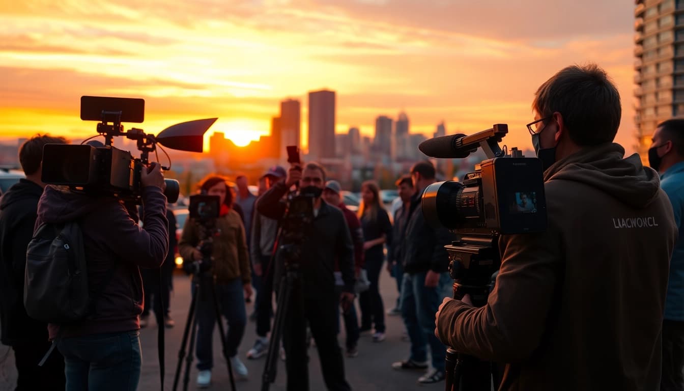 Capture of a professional video production company Calgary scene with crew actively filming outdoors.