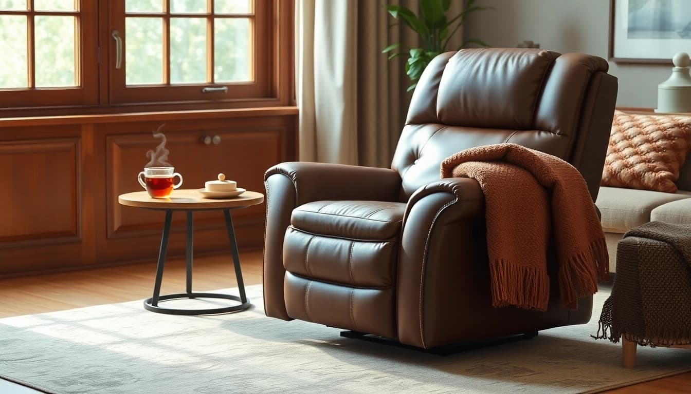 Relaxing in a leather lift recliner chair with a cozy blanket and warm sunlight streaming in.