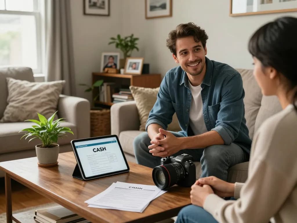 We buy houses for cash, showcasing a friendly cash home buyer discussing offers with a homeowner in a cozy living room.