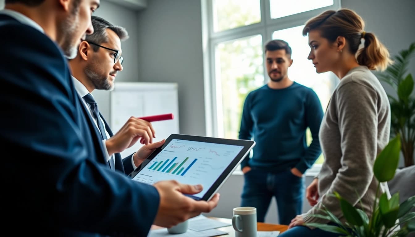 Diskusikan deposit 1k untuk investasi yang cerdas dengan penasihat keuangan di kantor modern.
