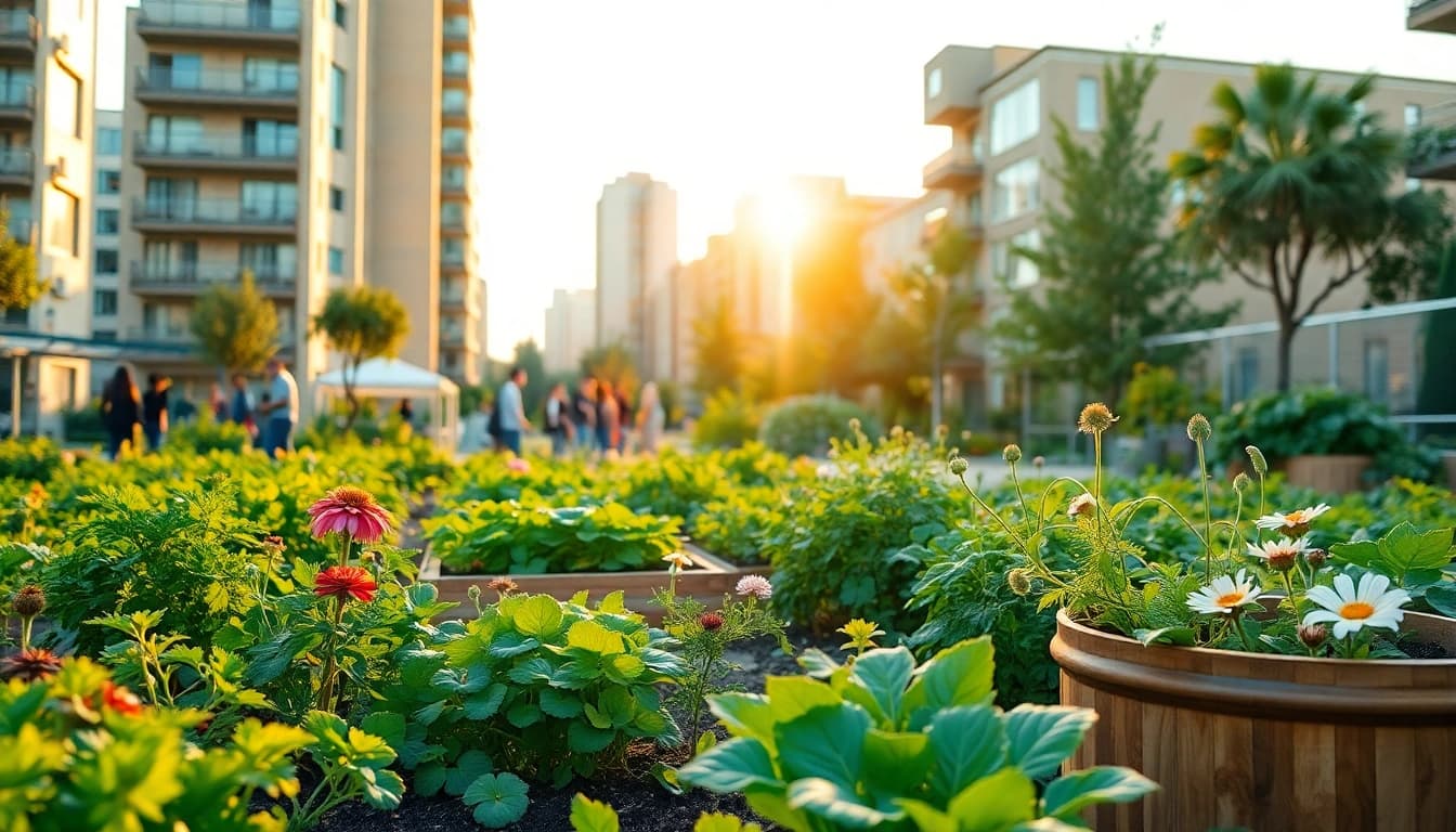 Showcase sustainable living concepts from https://www.unsustainablemagazine.com in a vibrant urban garden.