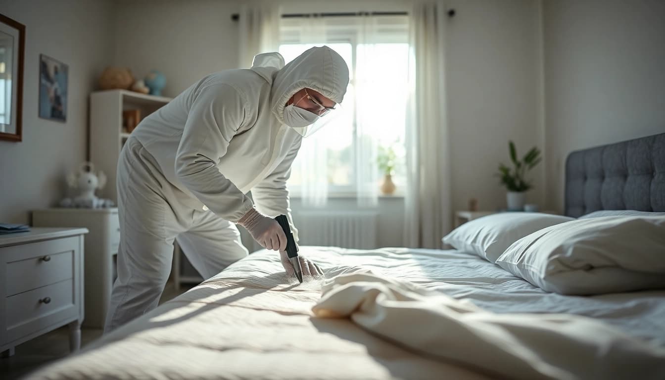 Bed bug exterminators applying eco-friendly treatment in a residential space.