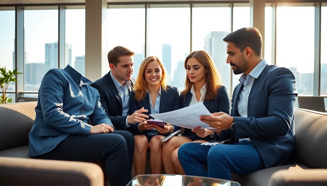 Diskussion über Finanzstrategien auf https://zukunftkapital.de in einem modernen Büro mit Stadtblick.
