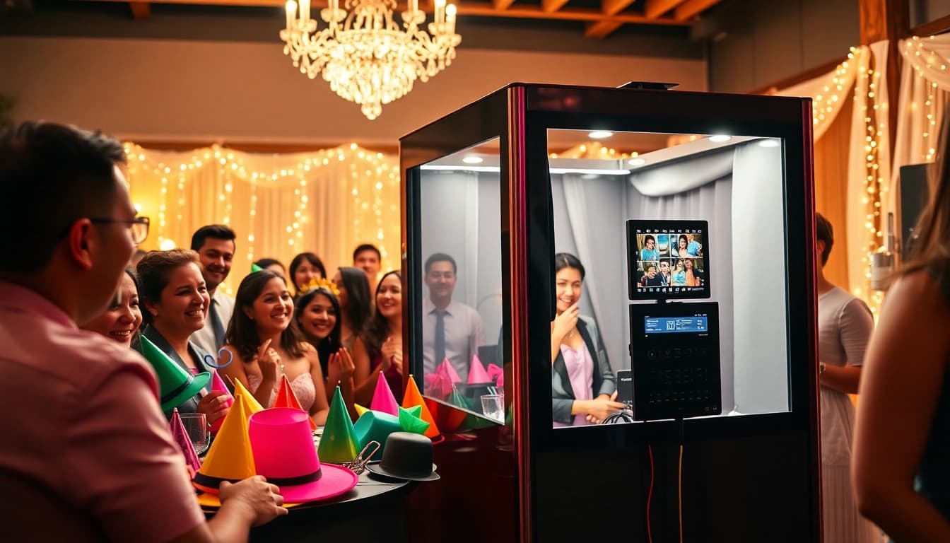 Capture moments with a photo booth rental at a lively wedding reception featuring fun props.