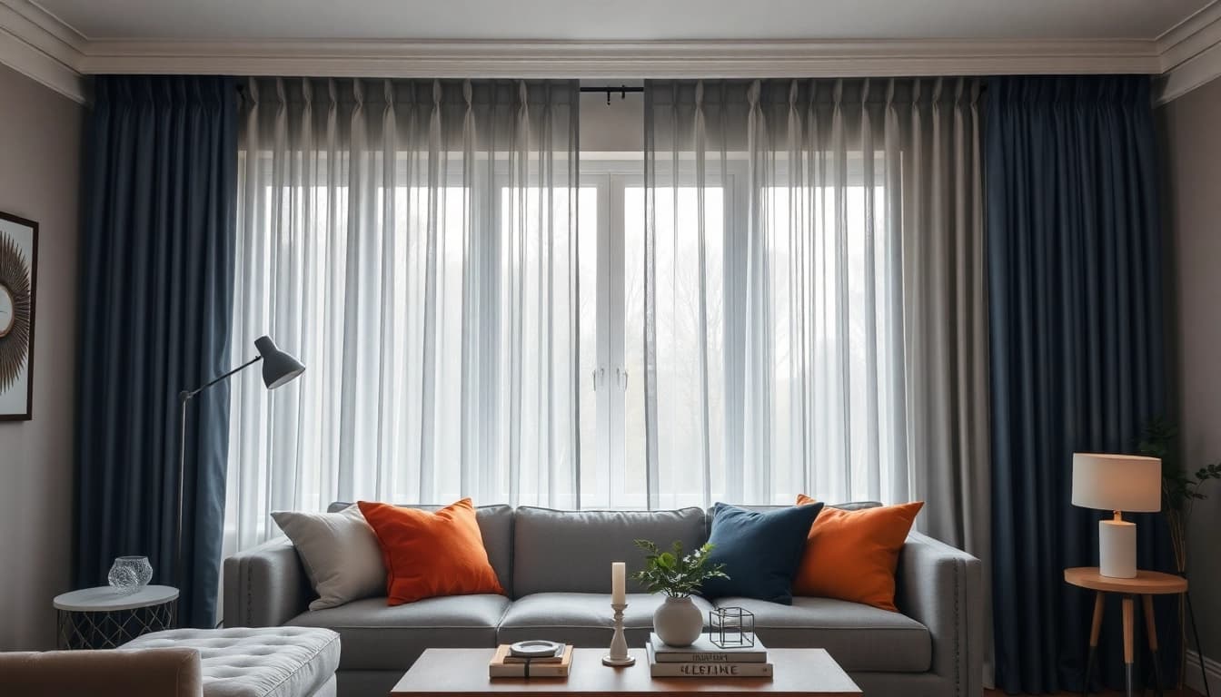 Verduisterende gordijnen in een stijlvolle woonkamer creëren een gezellige sfeer.