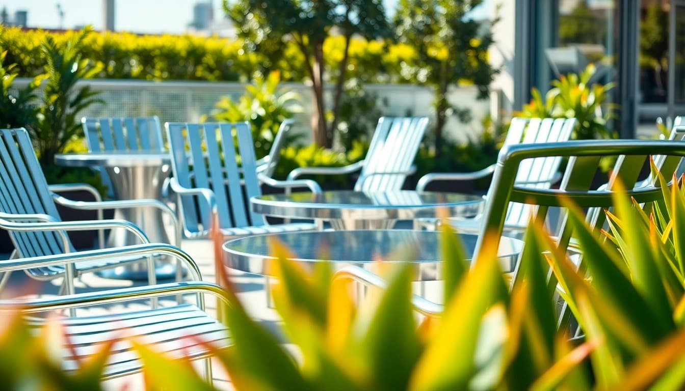 Showcase of elegant stainless steel furniture in a vibrant outdoor setting, styled for luxury.