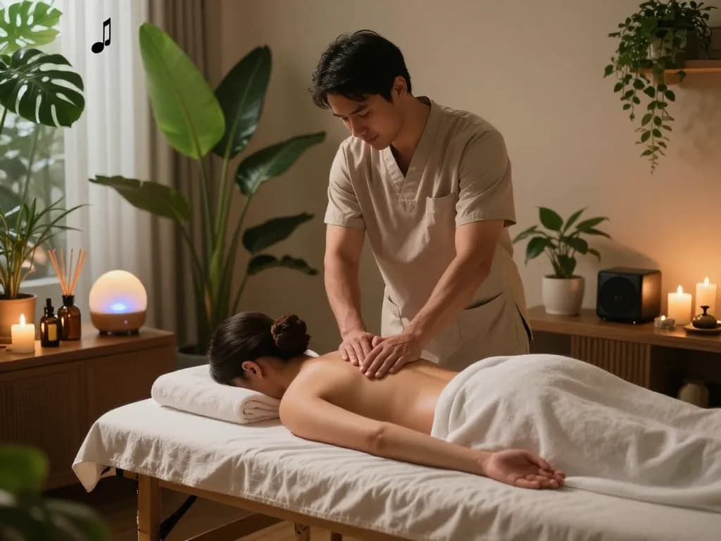 부드러운 조명과 차분한 장식이 있는 고요한 스파 환경에서 진행되는 전문 서초스웨디시 마사지
