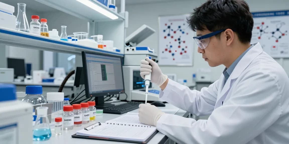 Researcher at laboratory with Swiss Chems peptides and SARMs, showcasing high-purity analysis.