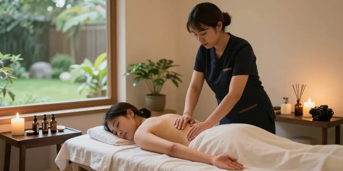 마사지가 진행 중인 편안한 스파 환경에서 고객이 이완된 모습.