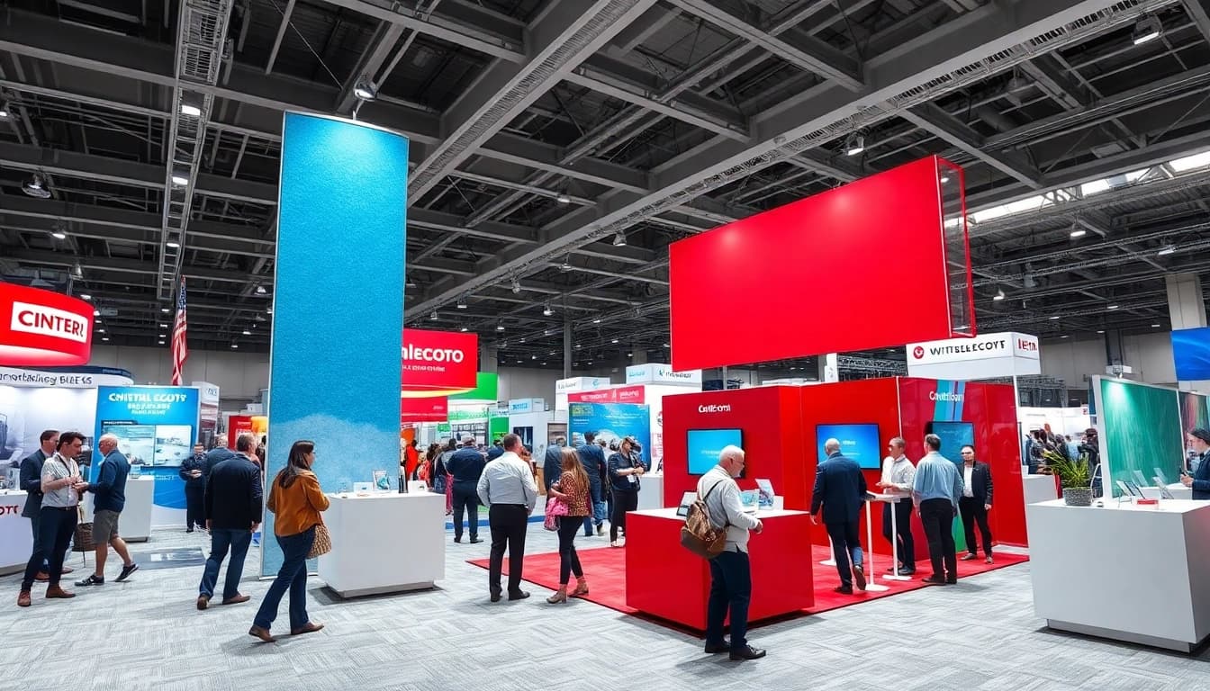 Engage with dynamic trade show displays showcasing vibrant designs at a busy exhibition.